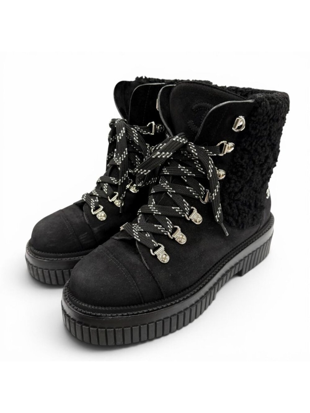 Chanel Coconage Suede Leather Quilted CC Logo Short Boots Black Silver